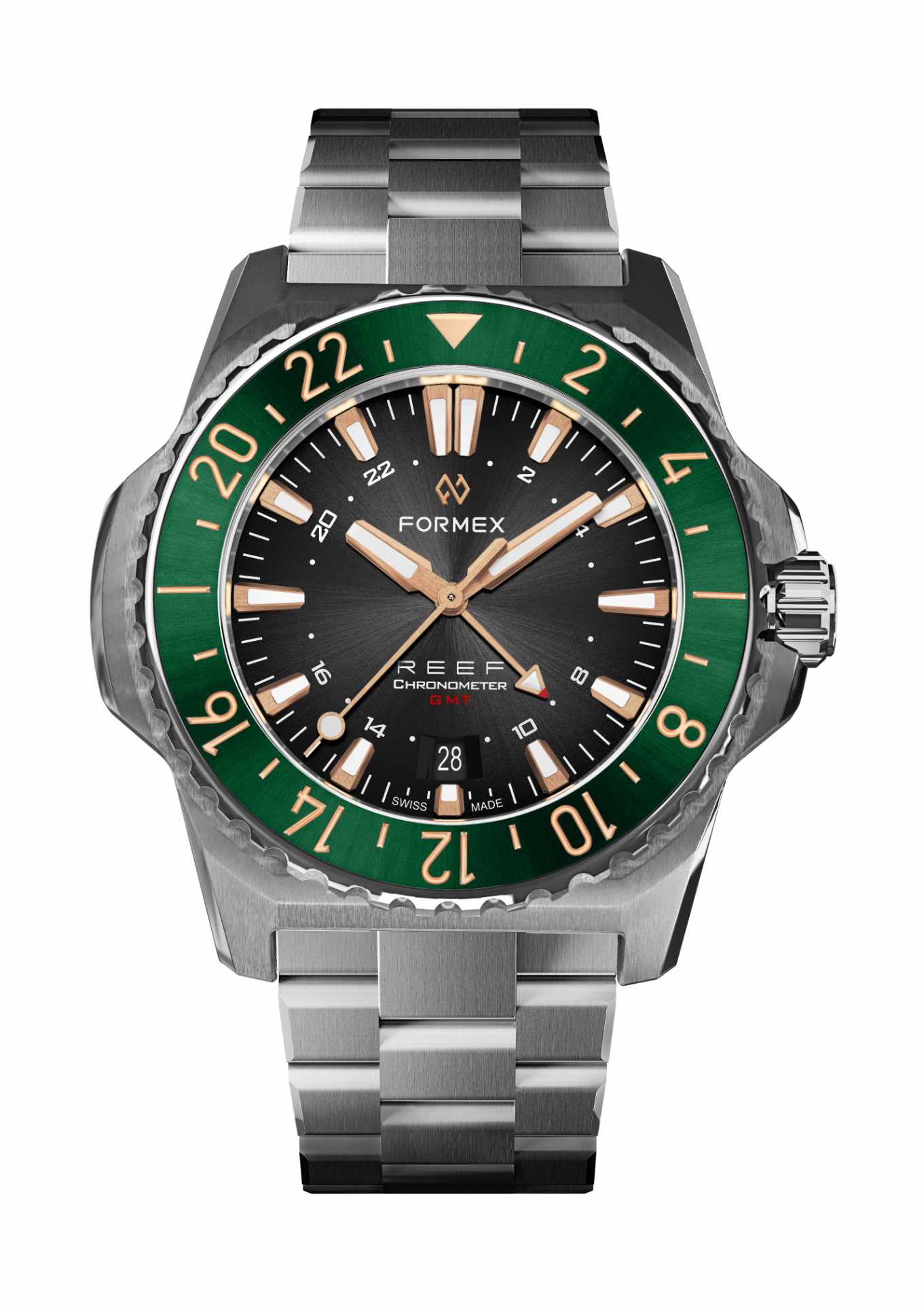 Green-Rosegold GMT Bezel.Steel Bracelet